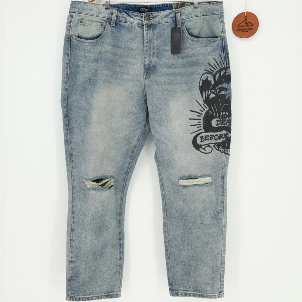 Ed Hardy Jeans Death Before Tattoo Distressed Graphic Denim Slim Fit Size 42‎